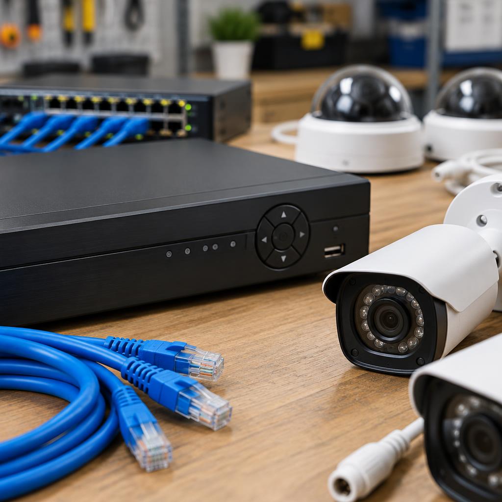 Equipamentos de segurança eletrônica preparados para instalação